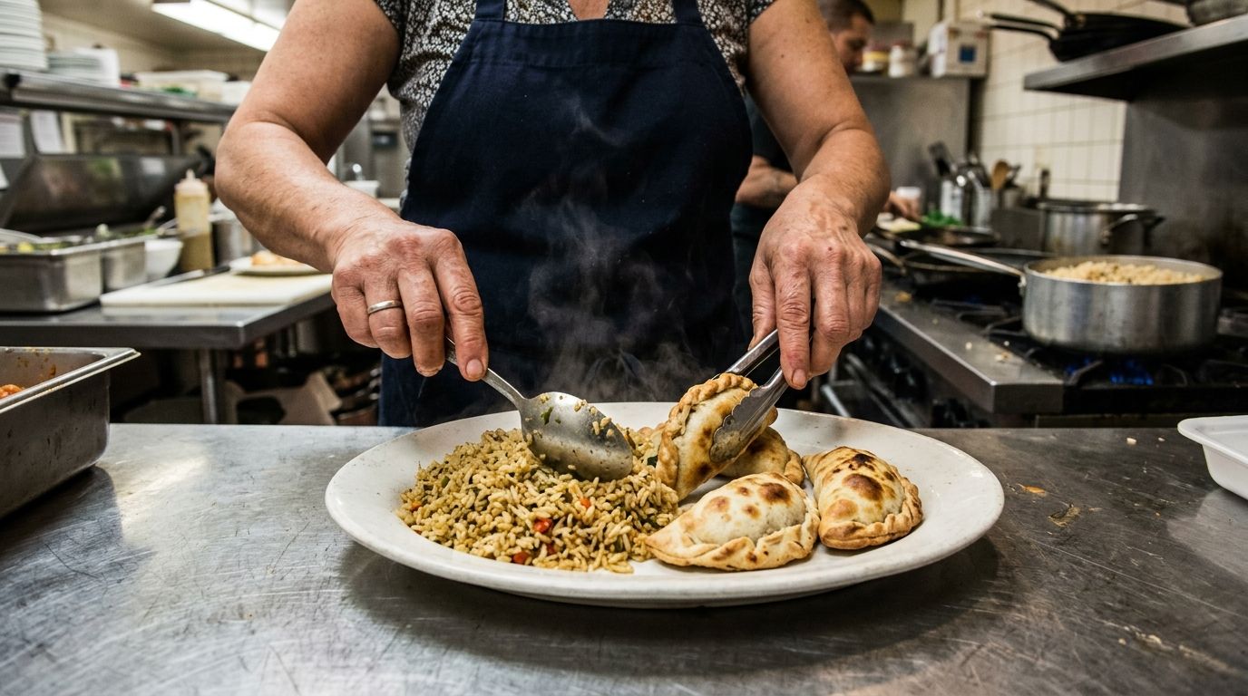 Caterer plating empanadas and rice in a commercial kitchen