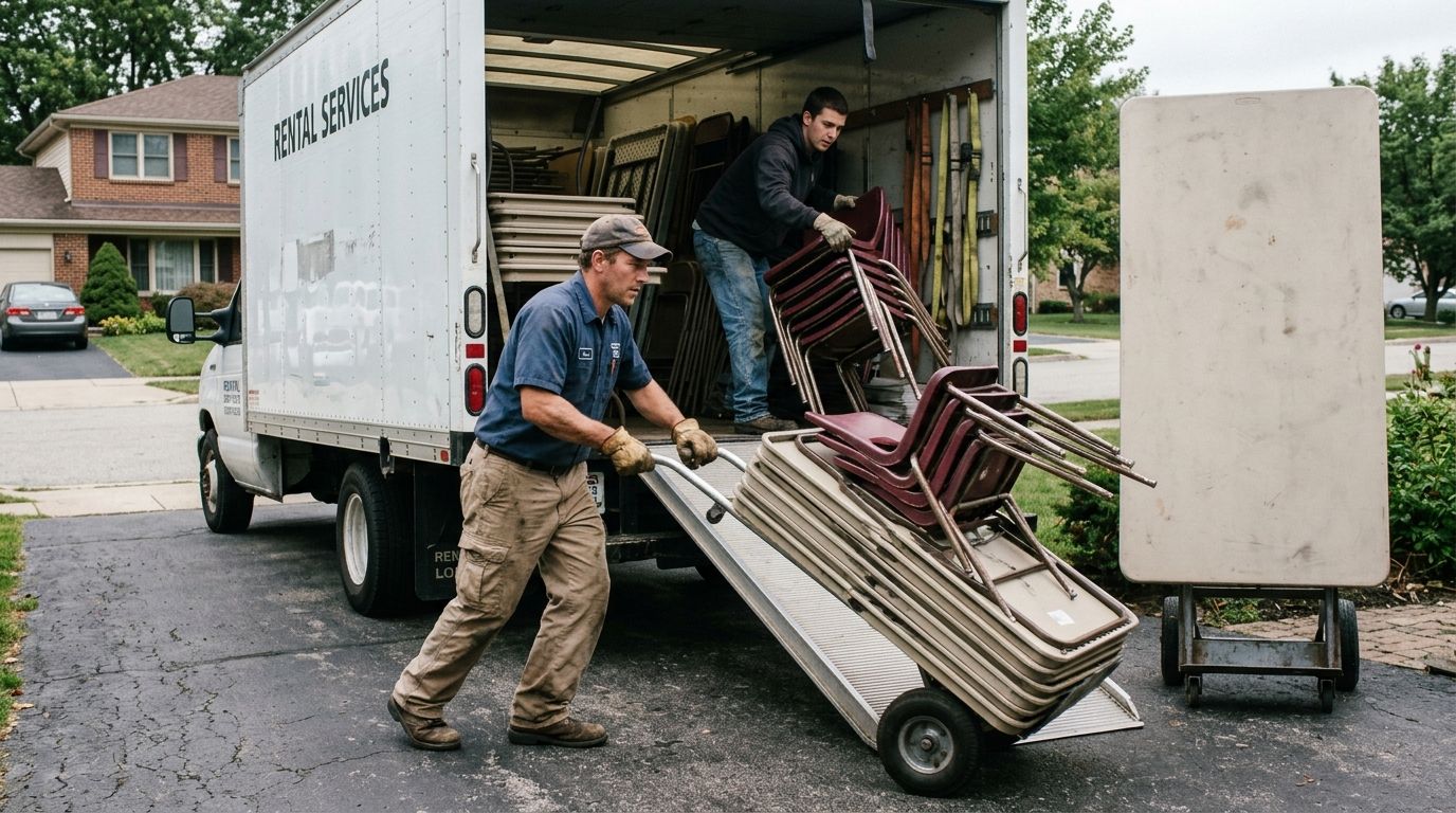 Crew unloading folding tables and chairs from a rental box truck