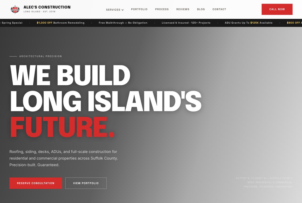 Alec's Construction website
